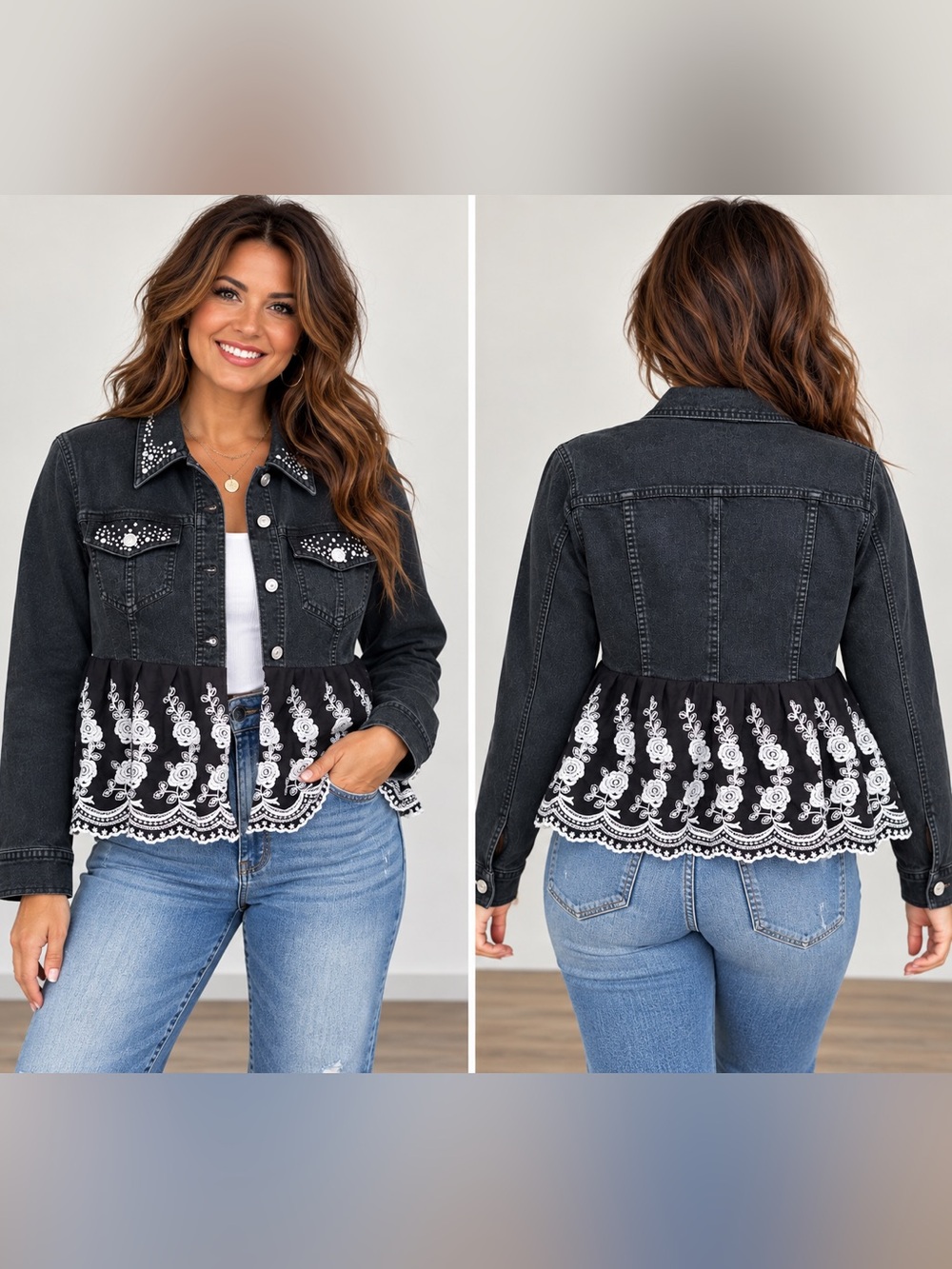 Upcycled Bedazzled & Embroidered Peplum Denim Jacket